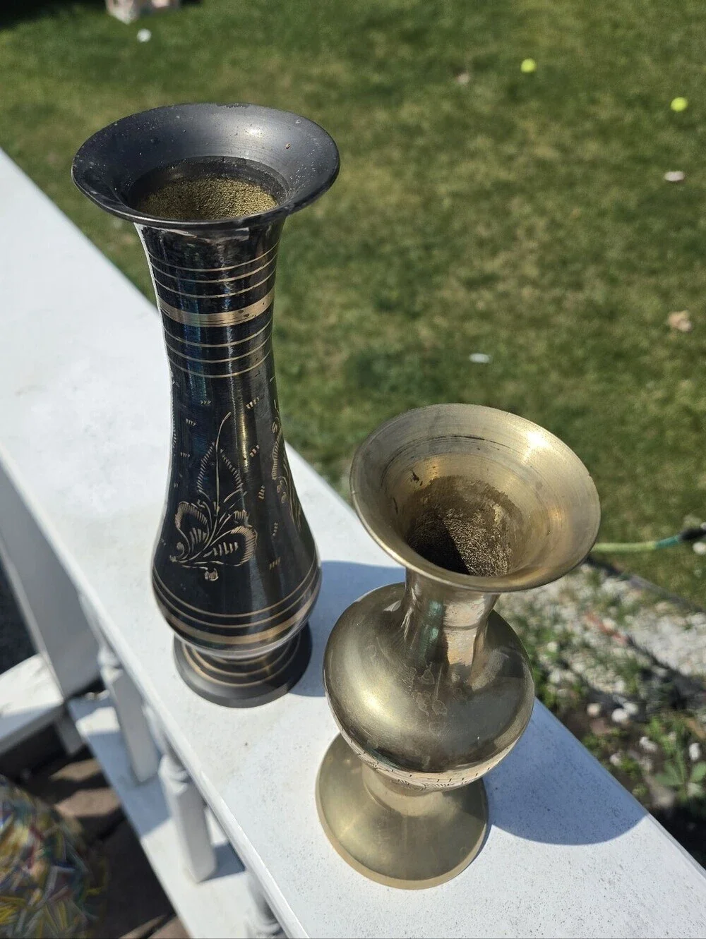 Vintage MCM Indian Brass Etched Vases, Mixed Finish Black & Polished Brass Set